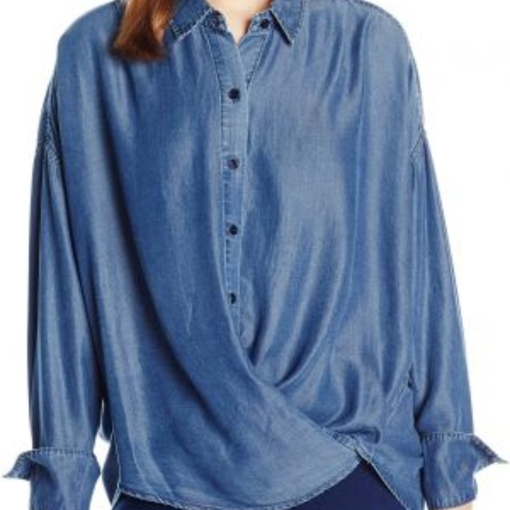 William Rast women XLโ blue aster cross front blouse chambray long sleeve relax